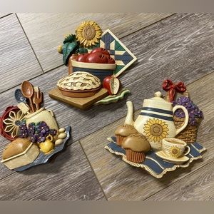 3 pc Antique Burwood Home Interiors Wall Plaques Country Sunflower Apple Kitchen